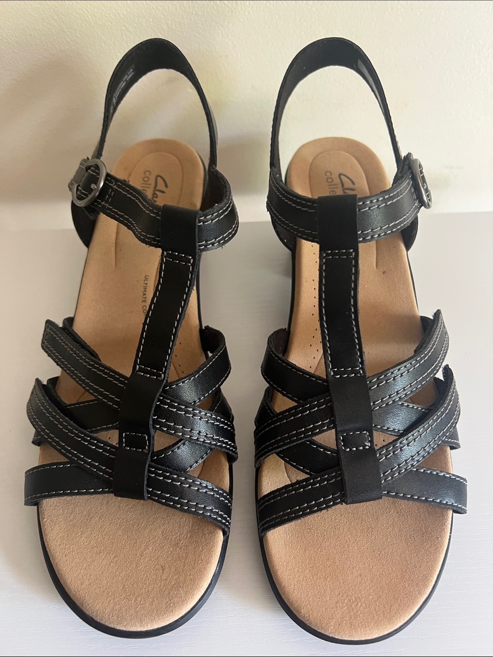 Clarks Black Leather Strappy T-Back Sling Sandals
